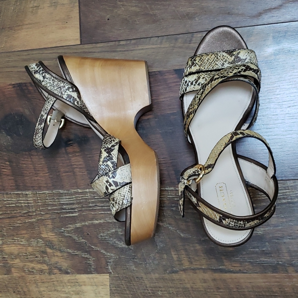 Coach Nikkie Snakeskin Strappy Platform Wooden Wedge Sandals, Size 9